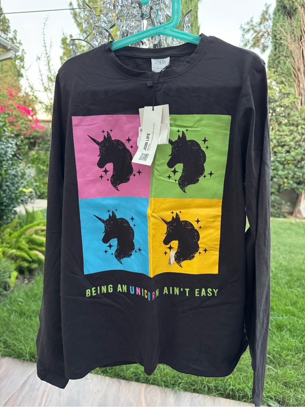 Zara Kids Black Long-Sleeve Unicorn Graphic Tee